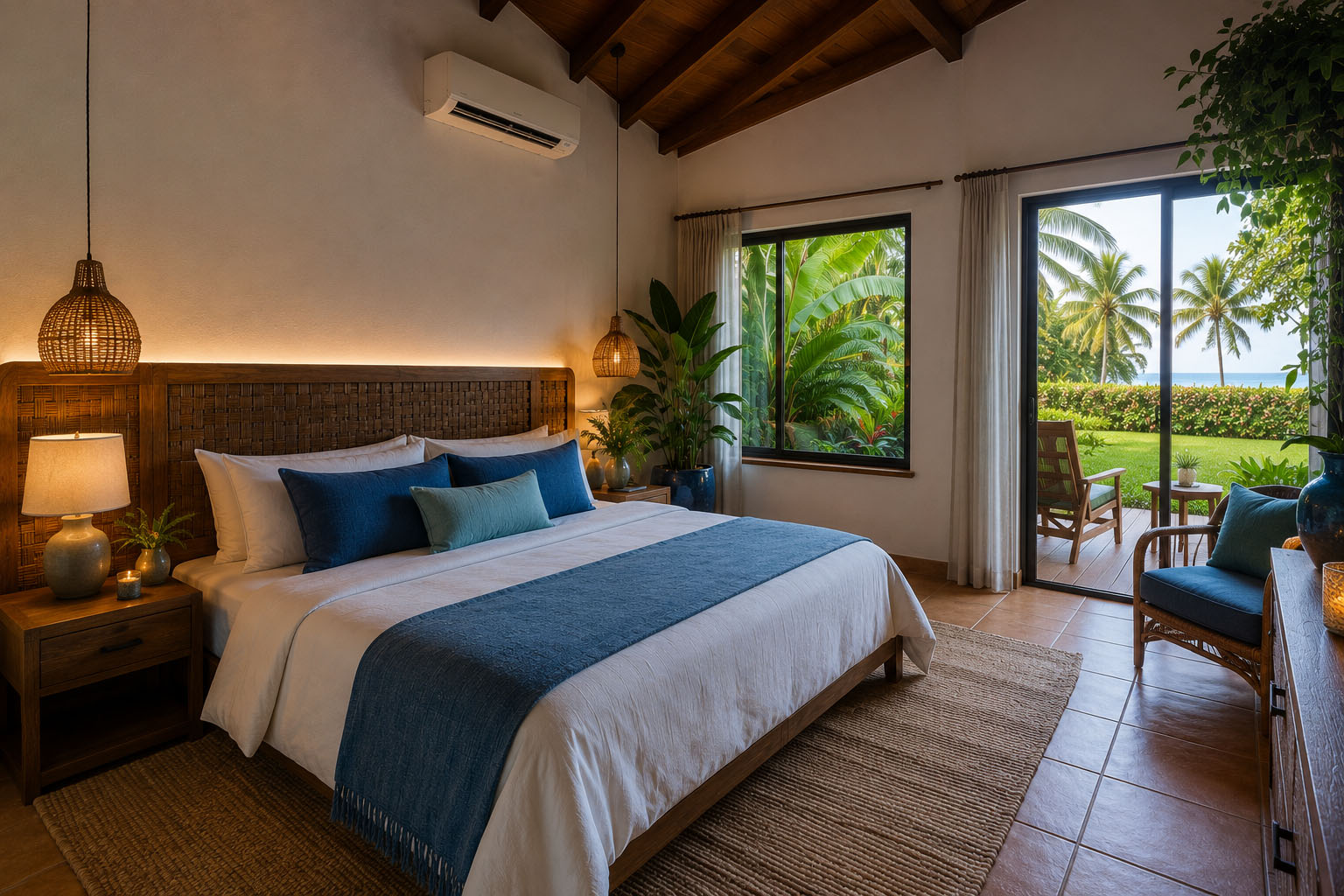 Teak and stone rainforest suite opening onto the jungle canopy