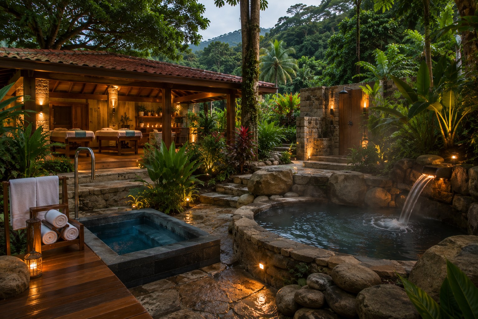 Cedar sauna, stone cold plunge and steaming hot soak in tropical foliage
